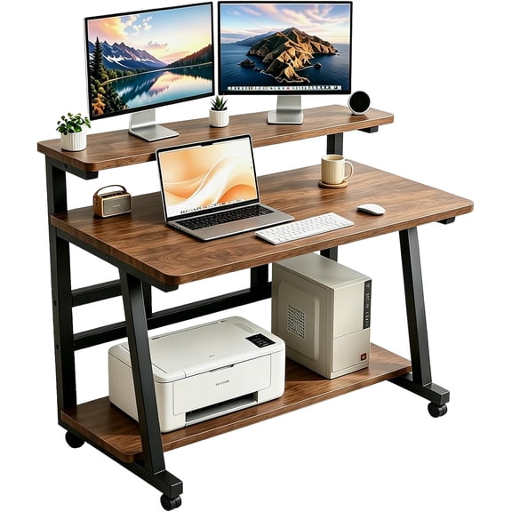 39.4 Inch Compact Rolling Computer Desk with Tier Worktable & Lockable Wheels, Small Computer Desk, Small Desk for Bedroom, Mobile Writing Workstation Easy Assembly for Home Office Small Spaces