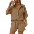 thumbnail image 5 of felwors Linen Short Sets For Women Oversized 2 Piece Outfits V Neck 2026 Solid Color Summer Vacation Beach Casual Button Suits (Khaki, M), 5 of 8