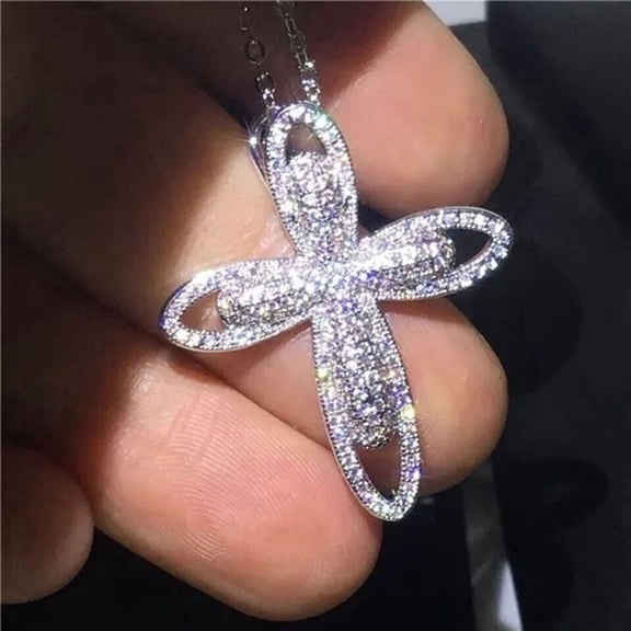 2Ct Round Cut Lab Created Diamond Cross Pendant Necklace In 14K White Gold Plated SIlver 18 Inch