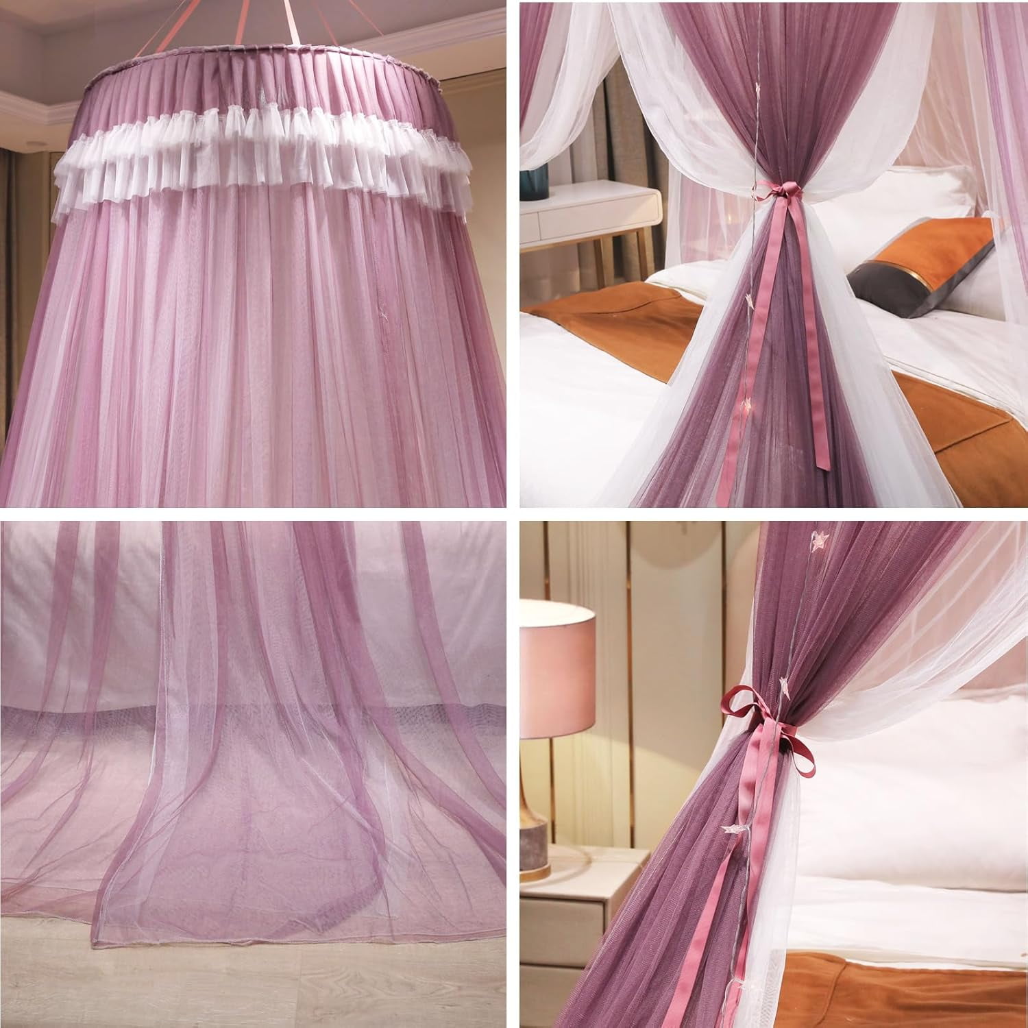 Girls and Adults Canopy Bed, Elegant Double-Layer Bed Curtain, Children's Dream Round Lace Mosquito Net, Princess Canopy Net - Fits Twin, Full, Queen, and King Beds (White/Blue)