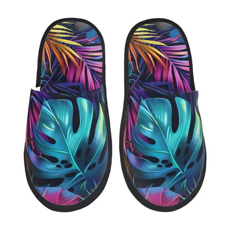 

Qokaie Colorful Tropical Leaves Print Fuzzy Slippers for Women – Soft Plush Indoor Slippers with EVA Sole Cozy and Comfortable for Home and Travel-Medium