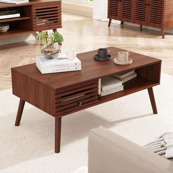 Mid Century Modern Coffee Table, CoffeeTable with Storage, Living Room Center Table with Slatted Panel Drawer, Fluted Wood Coffee Table with Open Shelf for Living Room,Walnut