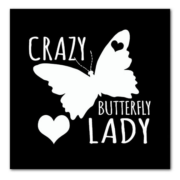 DistinctInk Custom Bumper Sticker - 4" x 4" Decorative Decal - Black Background - Crazy Butterfly Lady