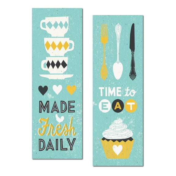 Adorable Grey, Teal and White Cupcake "Time To Eat" and "Made Fresh Daily" Panel Set by Michael Mullan; Kitchen Decor; Two 6x18in Unframed Paper Posters