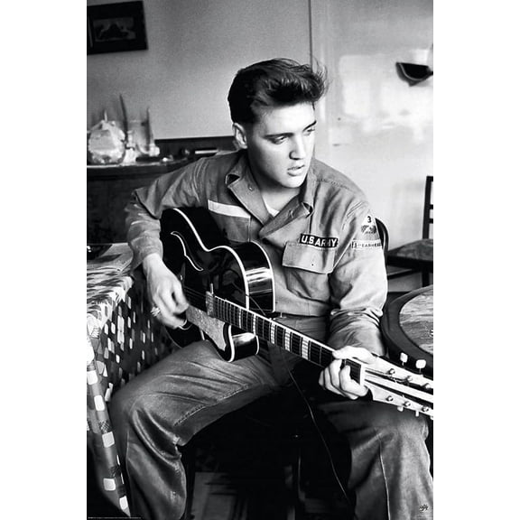 BUY ART FOR LESS Officially Licensed Elvis in Army with Guitar Black & White 24 x 36 Inch Art Poster - Decorative Print - Poster Paper - Ready to Frame