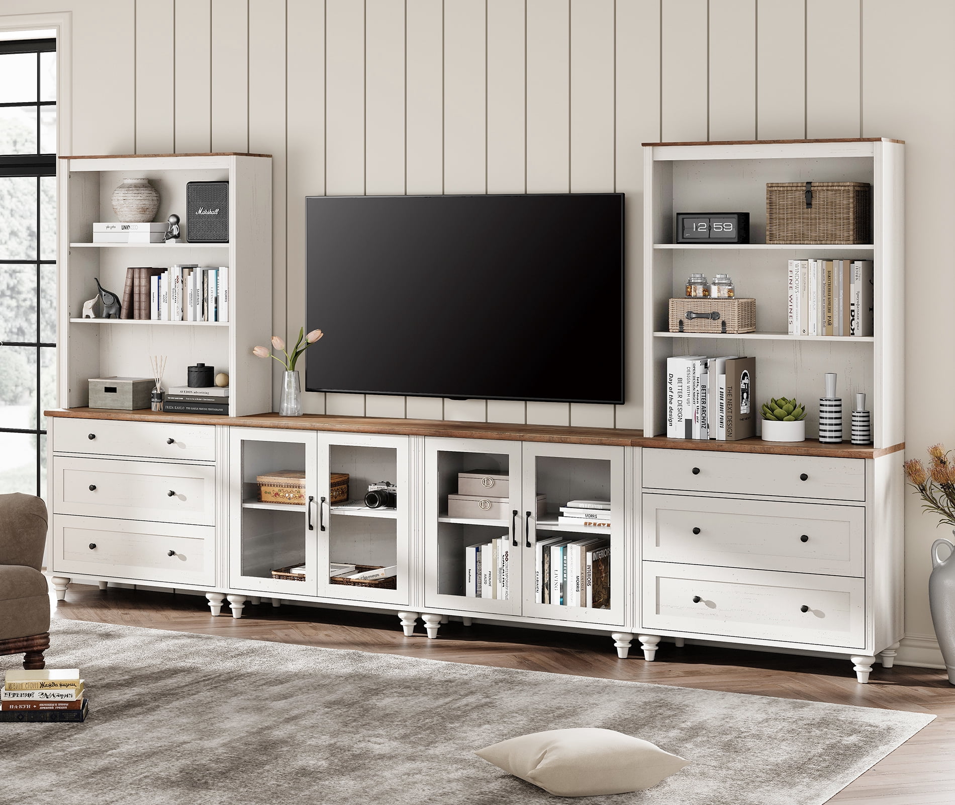 Entertainment Center with Bookshelves with Glass Doors & Drawer, Farmhouse Wall Unit TV Stand for TVs up to 75", Media Console Table for Living Room, Bedroom & Home Theater, White