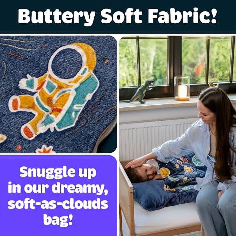 Kids Glow-in-the-Dark Space Sleeping Bag with Pillow, Extra Soft Sleep Bag for Boys & Toddlers, Planets & Stars Design, Pillow Pocket, Ages 3+ (66'' x 33")