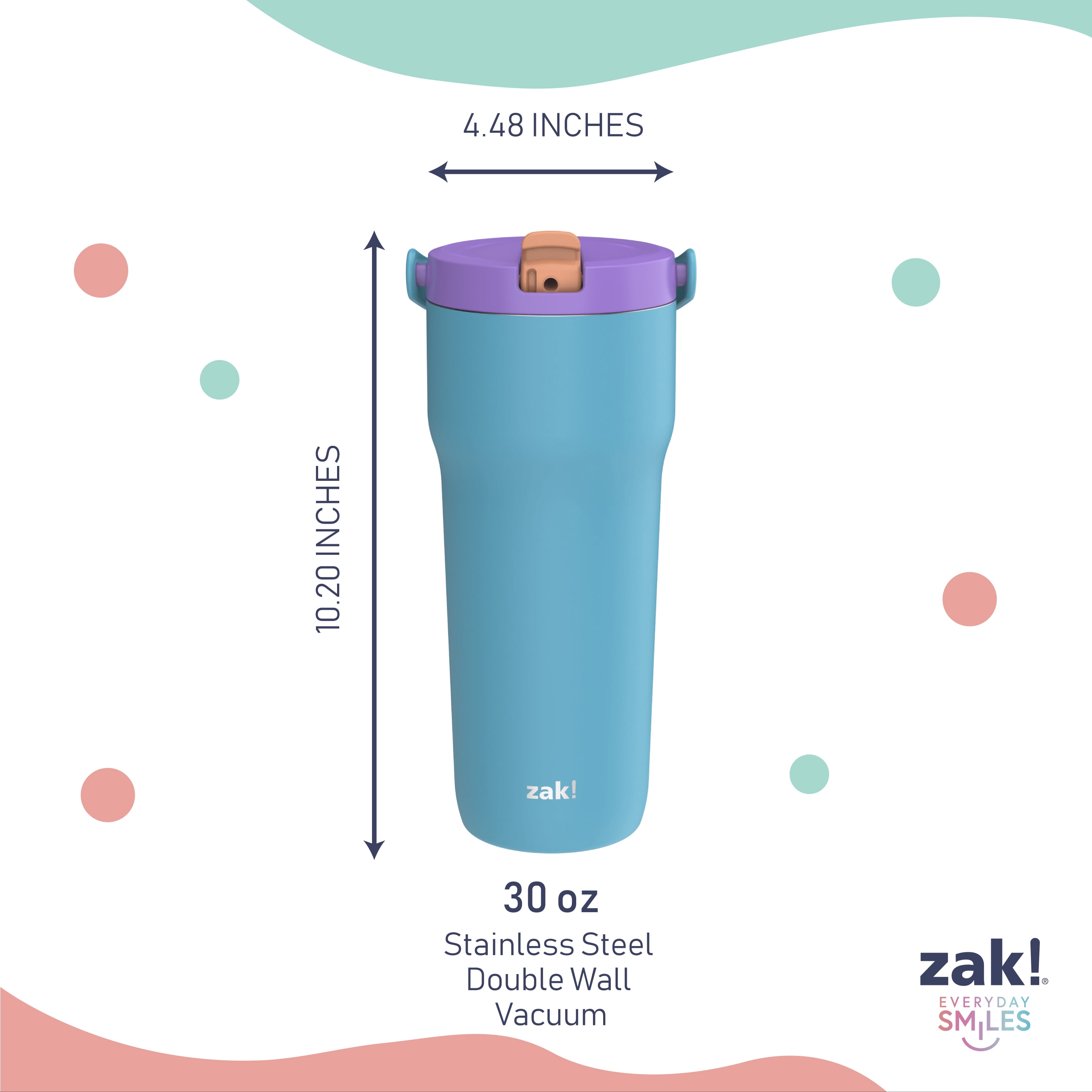 Zak Designs Sutton Travel Tumbler for On the Go, 30oz Stainless Steel with Vacuum Insulation, Straw Spout, Carry Handle for Cold Drinks (Turquoise)
