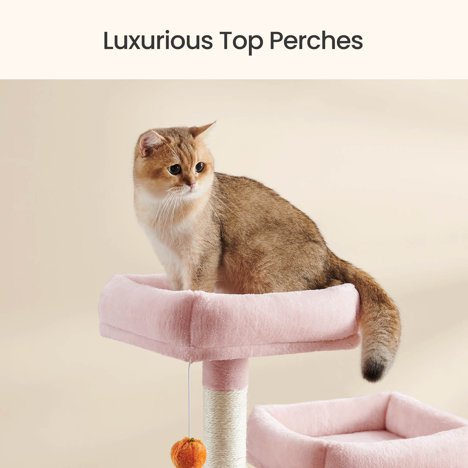 LEDREM Multi-Level Cat Tree Tower with 13 Scratching Posts, 2 Perches & Caves, Hammock, Basket & Pompoms - Plush Indoor Cat Condo, Jelly Pink