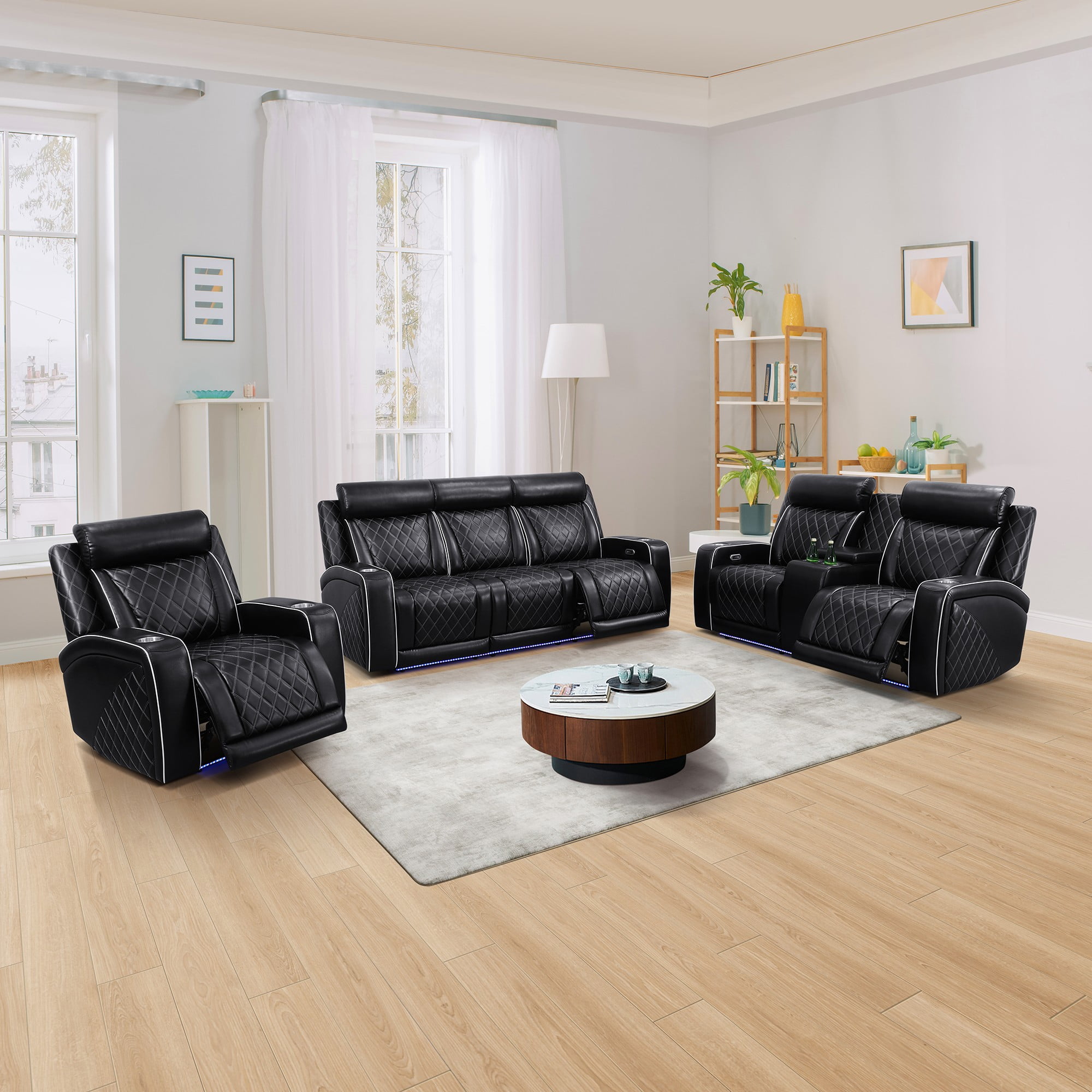 Gewnee Power Recliner Sofa Set, Air Leather 3 Pieces Sectional Couch with LED Light, Storage Console,Cup Holder for Living Room