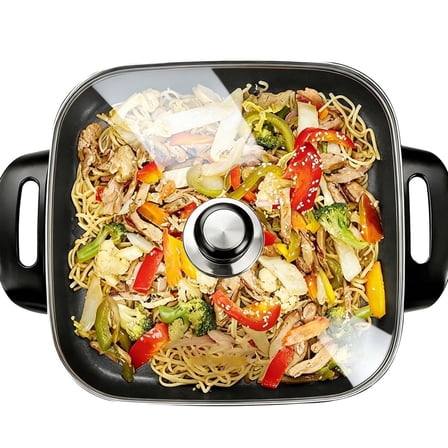 Cast Iron Electric Skillet with Lid , Nonstick Coating Adjustable Temperature , Fast Heating Glass Vented Lid Kitchen Cooking Pan
