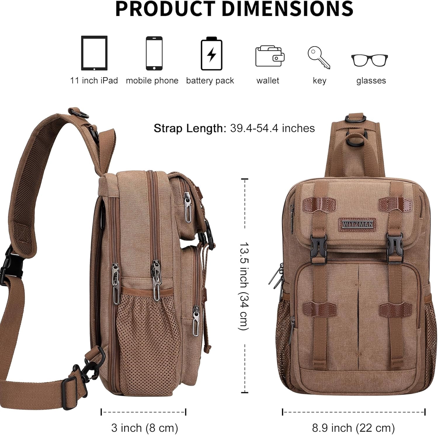 WITZMAN Sling Bag for Men Canvas Large Chest Bags Crossbody Bag with USB Charging Port for Travel Daily Work(A8019 Brown)