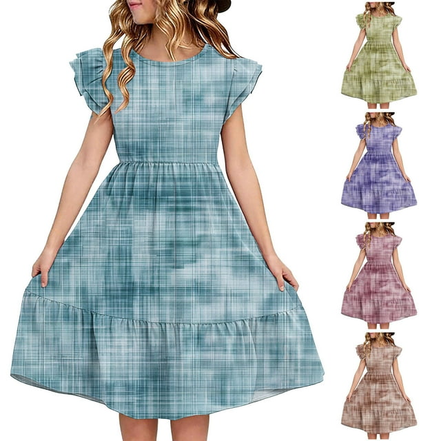 NJDVHB Robe d'Été pour Tout-Petit, Robe de Plage pour Fille Tout-Petit, Robe de Fête pour Filles, Robes Enfants Double Couche Manches à Volants Manches Courtes Robe de Mode, Rose, 130