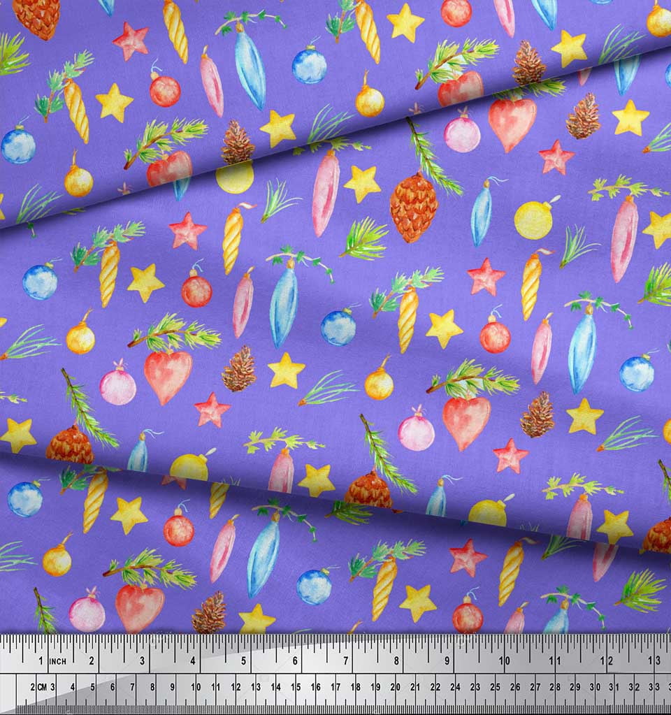 Soimoi Purple Poly Georgette Fabric Star & Baubles Christmas Printed Fabric 1 Yard 42 Inch Wide