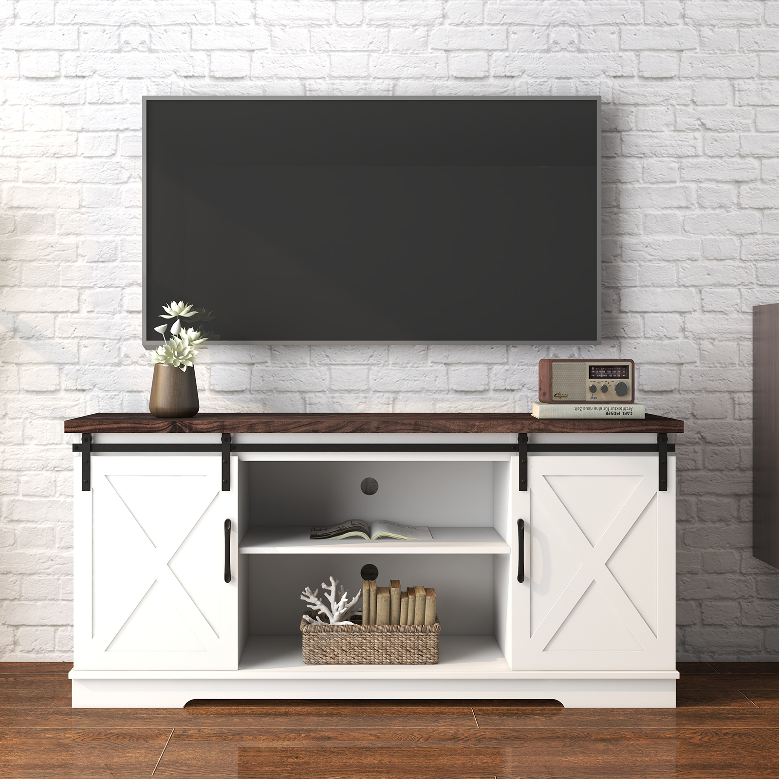 DSstyles Farmhouse Sliding Barn Door TV Stand for 65 inch TV, White Entertainment Center, 58 inch TV Console Table, Home Living Room Wood TV Stand with Movable Shelf