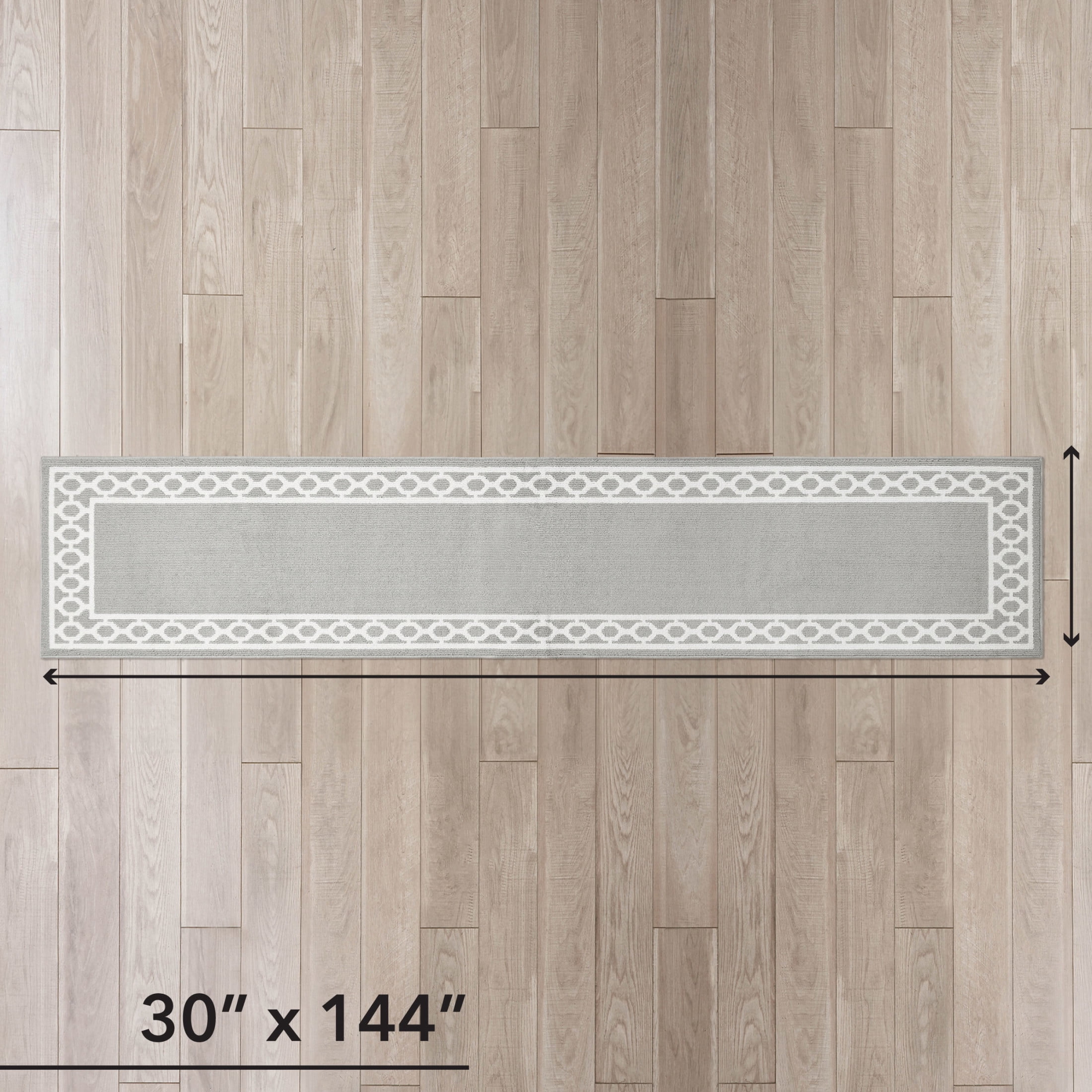 Washable Skid-Resistant Runner Rug, Trellis Border , Light Grey and White , 30" x 144"