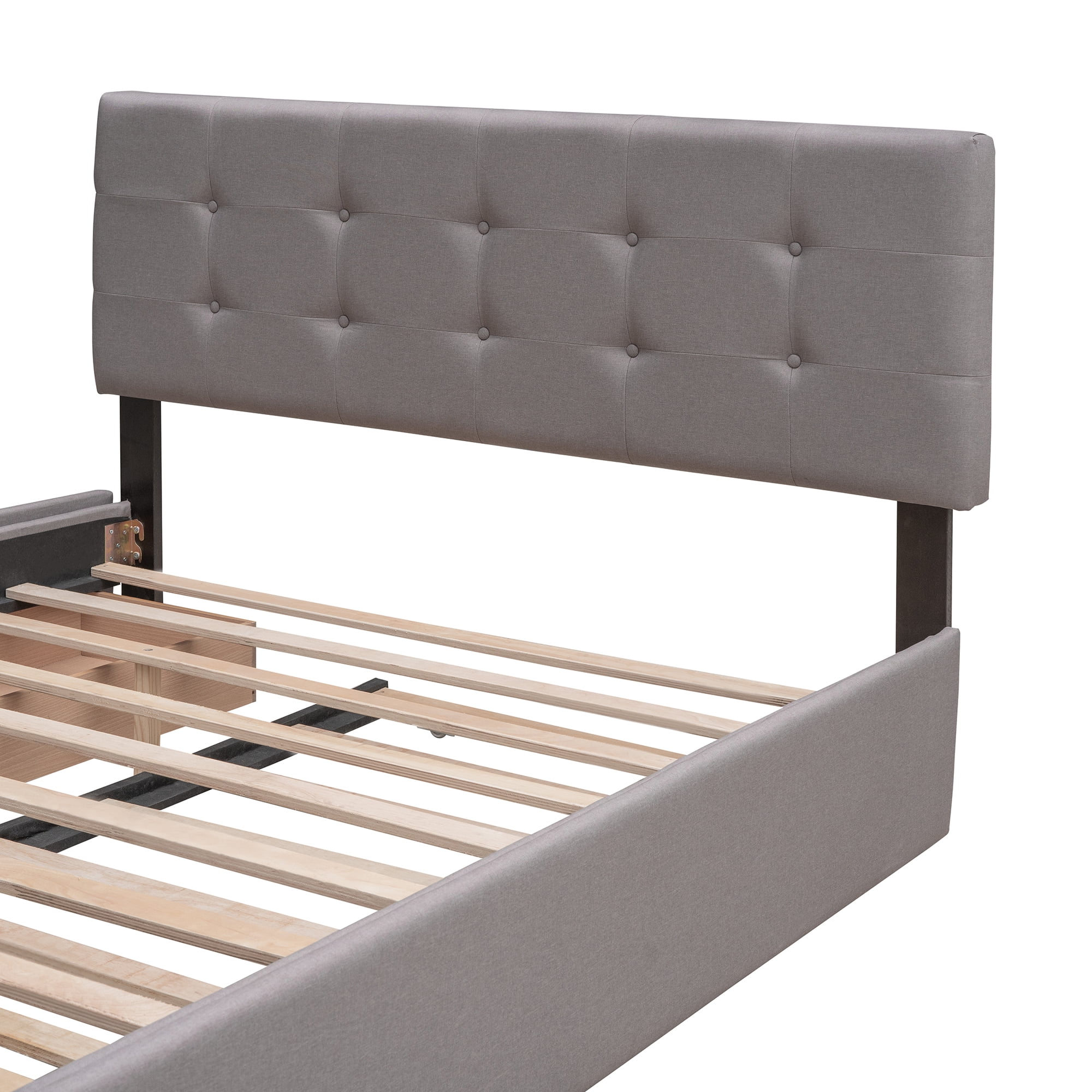 Aukfa Queen Upholstered Platform Bed with Twin XL Trundle and 2 Storage Drawers, Linen Fabric Tufted Headboard & Footboard, Gray