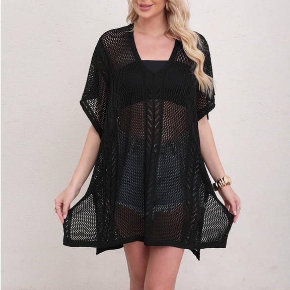 qelini Beach Cover up for Women Knitted Short Sleeve Beach Dress Cut Out Solid Color Cover Up Summer Vocation