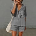 thumbnail image 6 of Costeam Womens Two Piece Outfit Tie Knot V Neck Short Sleeve Top and Elastic Drawstring Waist Shorts Set Linen Blend Matching Set with Pockets, 6 of 9