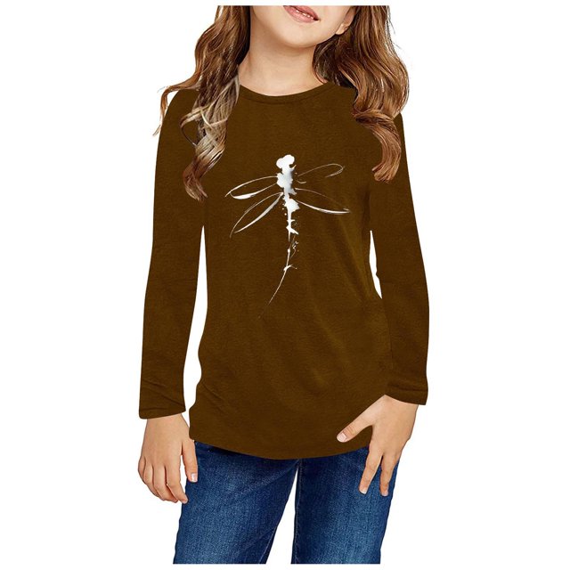 RXIRUCGD Chemises à Manches Longues pour Filles, Col Rond Mignon, Blouses Décontractées Élégantes (Marron, Taille : 4 Ans)