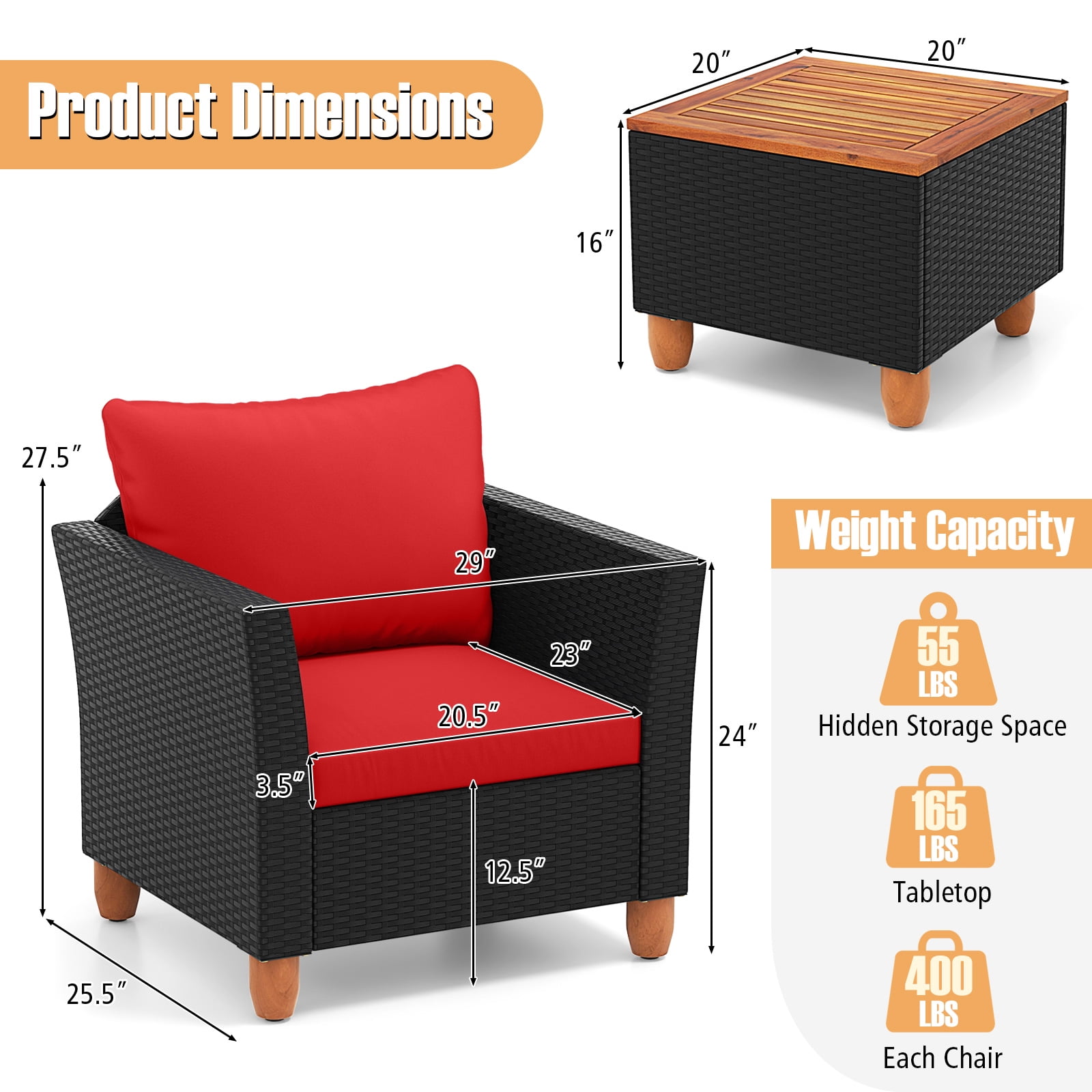 Costway 3PCS Outdoor Patio Rattan Furniture Set Wooden Table Top Cushioned Sofa Red