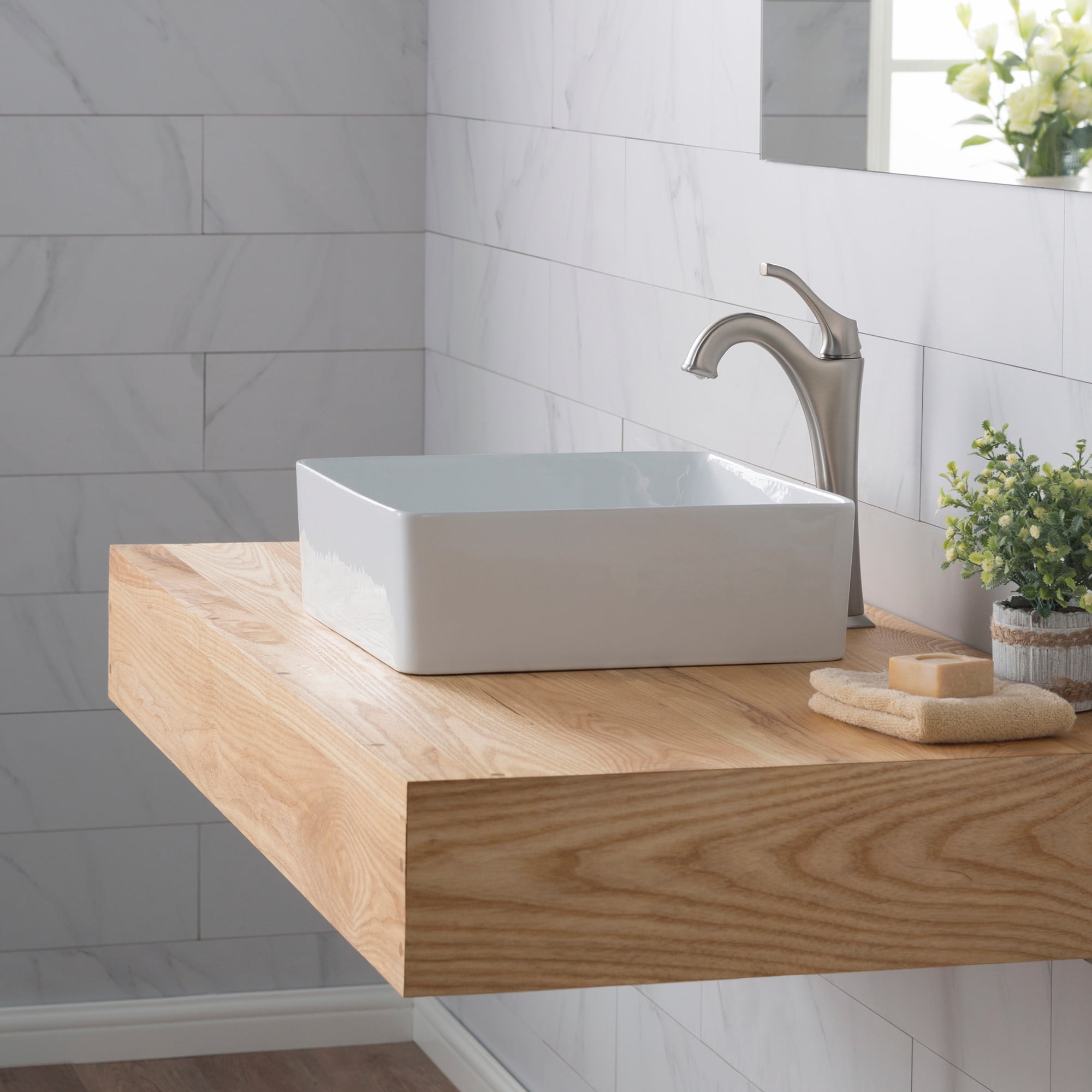 KRAUS Viva Square White Porcelain Ceramic Vessel Bathroom Sink, 15 5/8 in. L x 15 5/8 in. W x 5 1/8 in. H