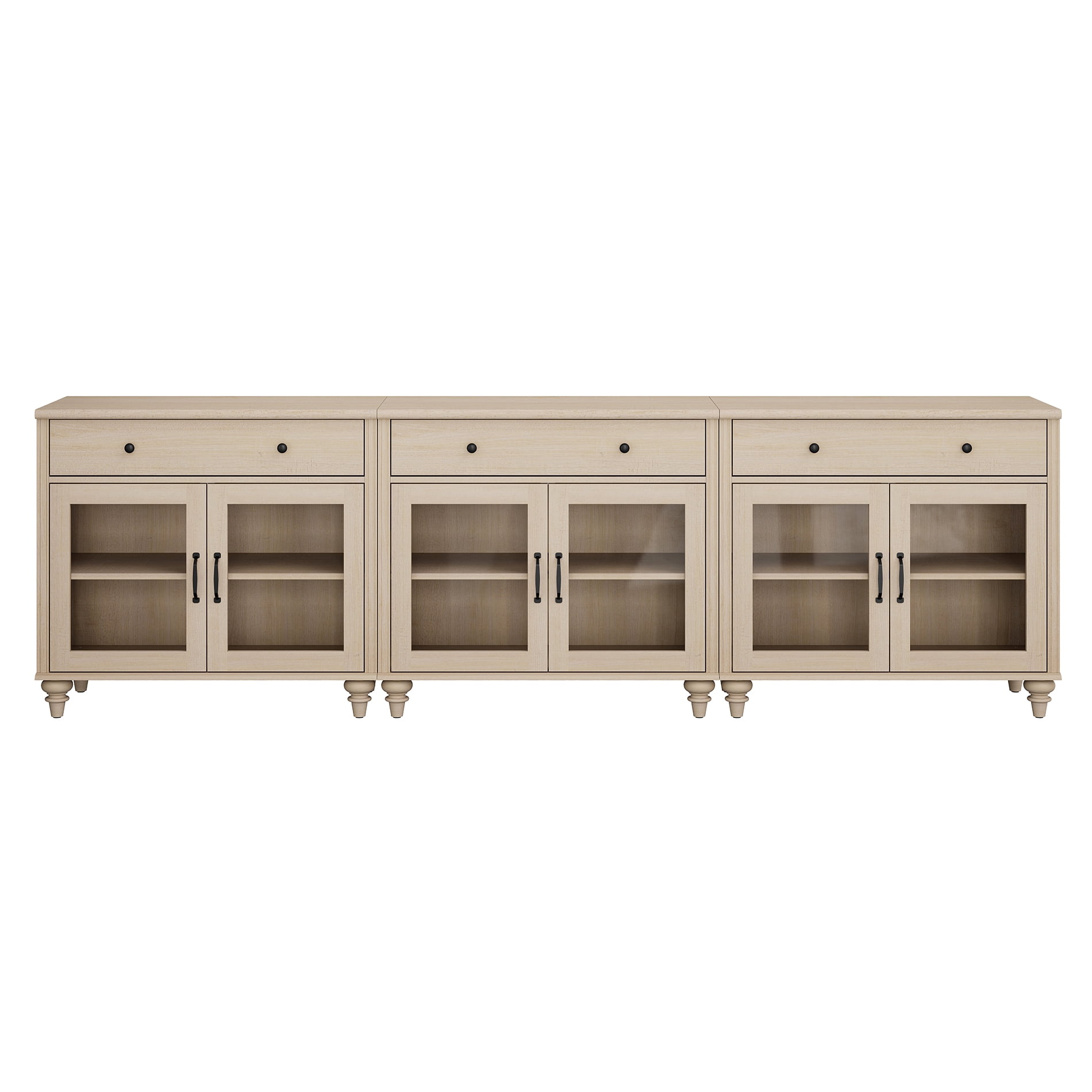 101" Beige Glass Door Buffet Cabinet with Drawer, Farmhouse Sideboard with Storage