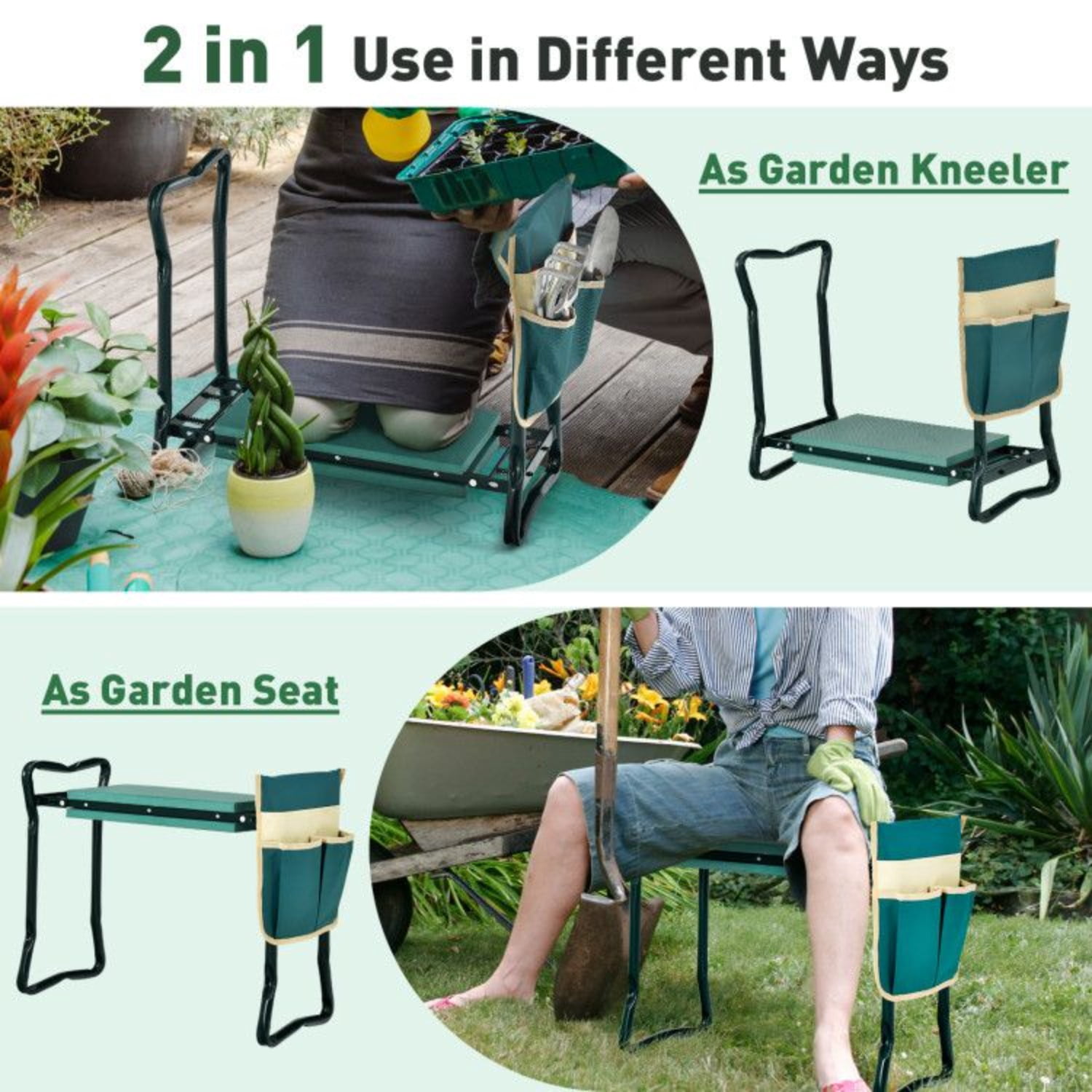 Folding Garden Kneeler and Seat Heavy Duty Gardening Bench with Soft Cushion and Tool Pouch