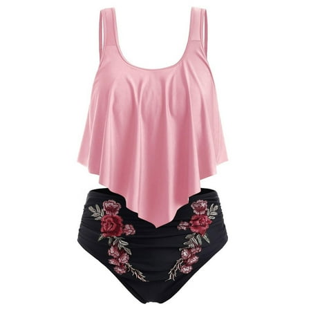 Women Swimsuits Overlay Print Backless Push Up Padded Bikini Tankinis Set Pink Bathing Suit for Women S