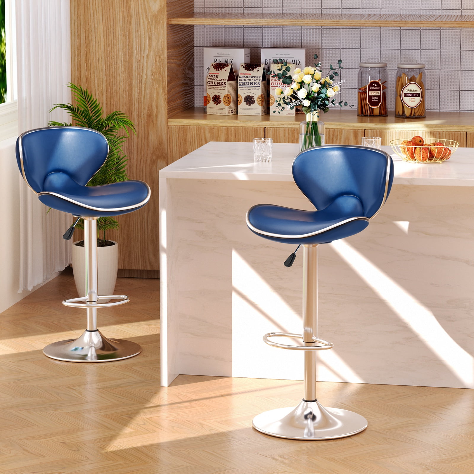 Adjustable Swivel Bar Stools Set of 2 , Modern PU Leather Upholstered Bar Chairs with Chrome Base for Kitchen Island, Dining Room, Pub, Counter (Blue)