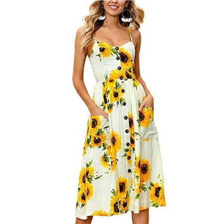 DYMADE Women's Summer V-Neck Spaghetti Strap Button Down Floral Bohemian Swing Midi Dress with Pockets