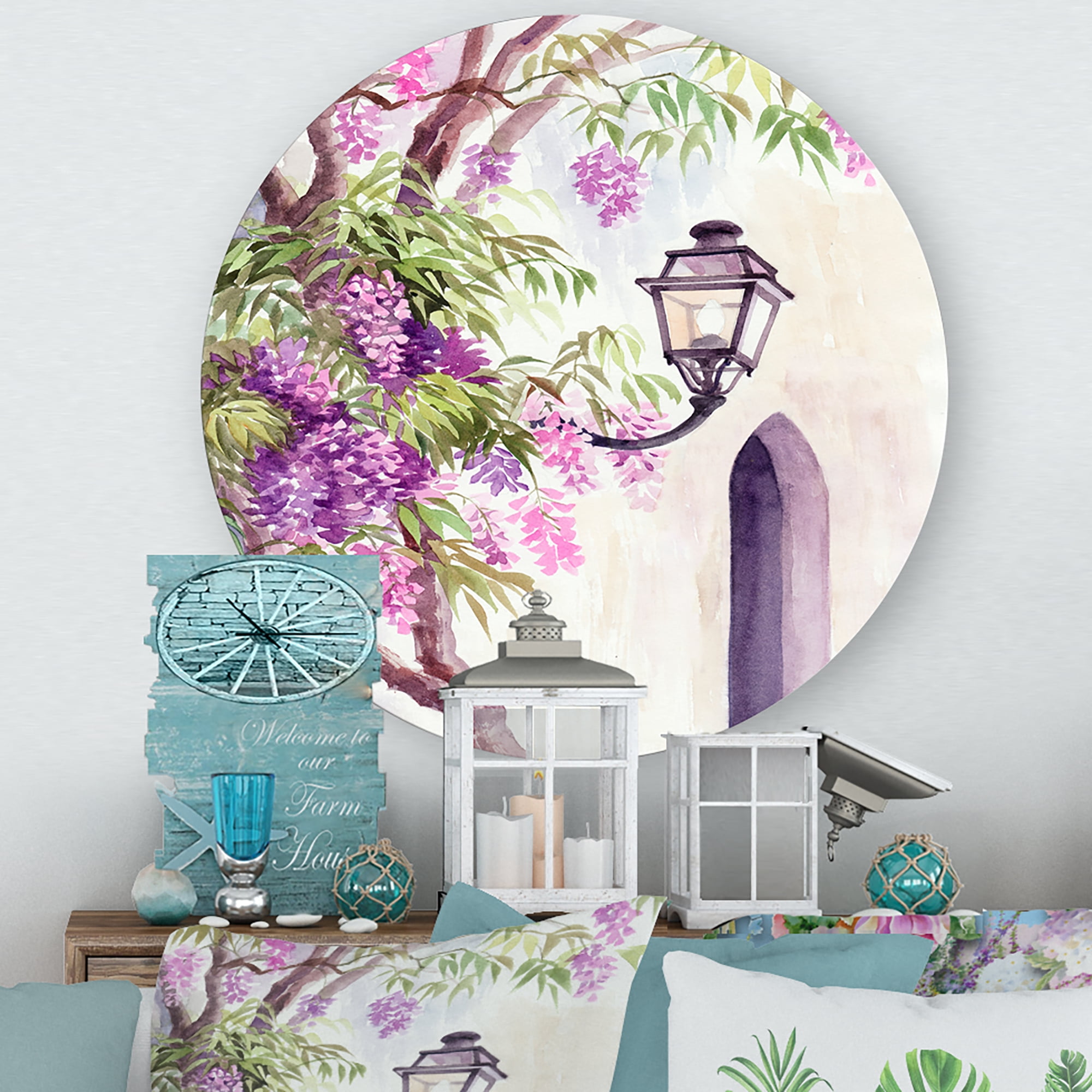 Designart 'Lantern and Wisteria' Traditional Circle Metal Wall Art 23x23 - Disc of 23