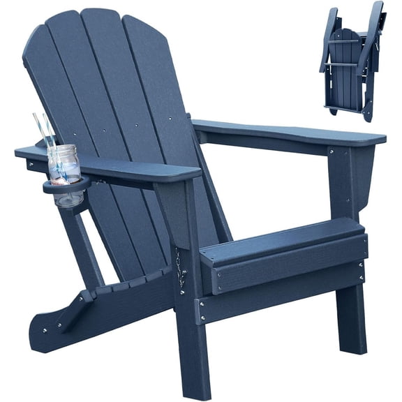Folding Adirondack Chair, HDPE Outdoor Chair with Cup Holder, Weather Resistant Patio Chair with Wood Grain Finish for Lawn, Deck, Fire Pit, Dark Blue