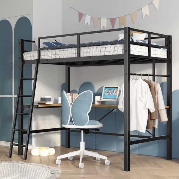 DeepRoar Twin Loft Bed with L-Shaped Desk, Metal Loft Bed Frame with Charging Station, Safety Guardrail and Ladder, No Box Spring Needed, Black