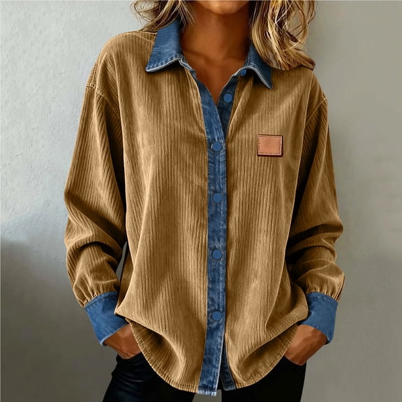 Craaazy Women's Casual Soft Lapel Oversized Long Sleeve Button Loose Tops Gifts