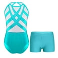 thumbnail image 3 of Miutii Kids Girls Gymnastics Leotard Outfit Sparkly Rhinestones Dance Unitard and Shorts Set Ballet Blue Green 12, 3 of 9