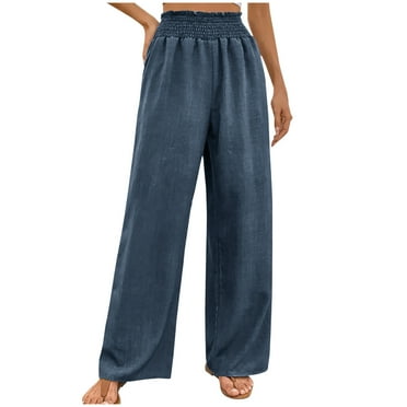 Maean Wide Leg Lounge Pants for Women Trendy Drawstring Elastic High Waist Casual Linen Long Trousers