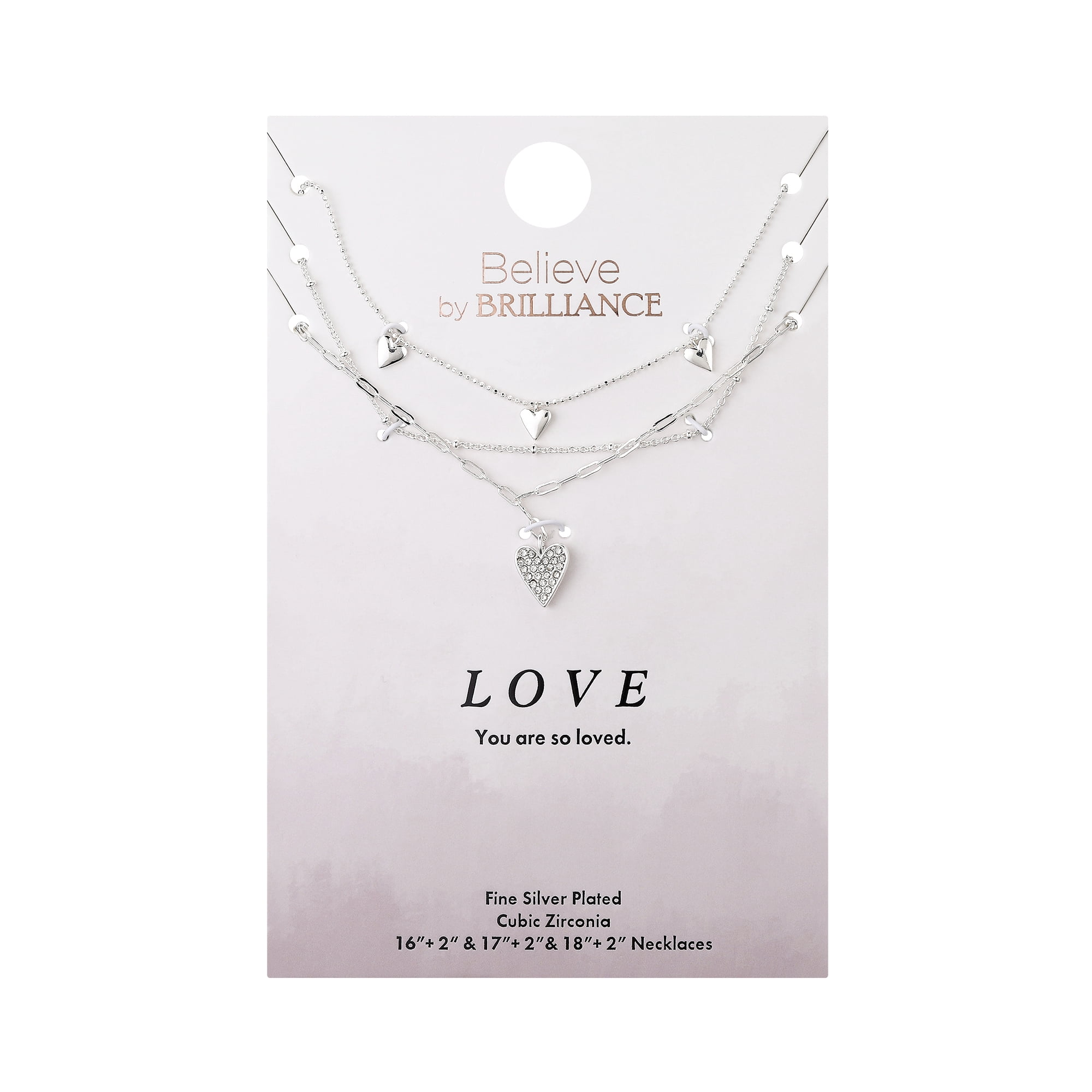 Believe by Brilliance Crystal Paperclip and Ball Chain Heart Necklace Set, 16+2/17+2/18+2"
