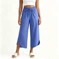 thumbnail image 2 of BUIGTTKLOP Capris Pants for Women Cotton Casual Summer Wide Leg Drawstring Elastic Trousers Side Split Beach Vacation Cropped Pants, 2 of 6
