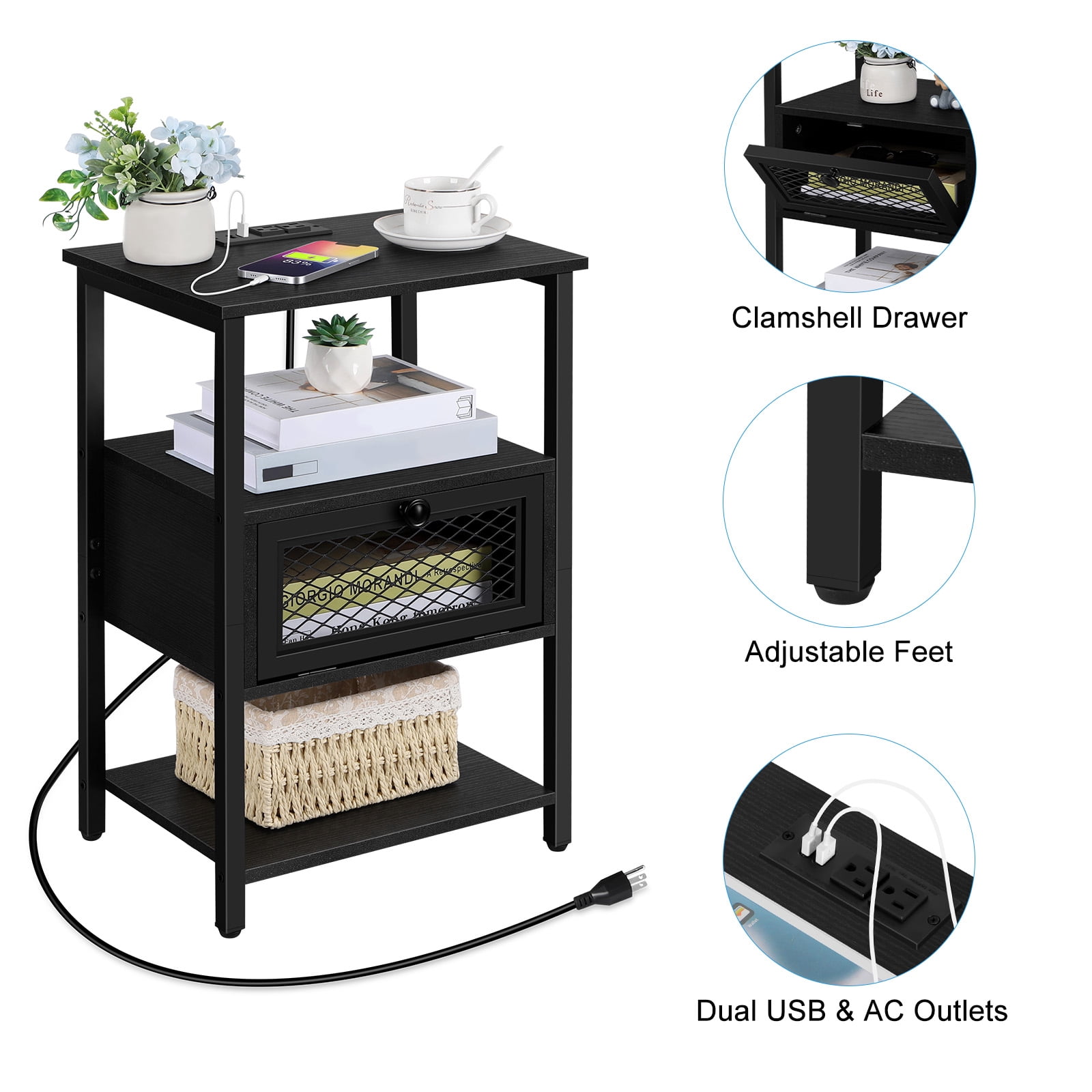 Oumilen Adult Modern Nightstand with Charging Station, Black