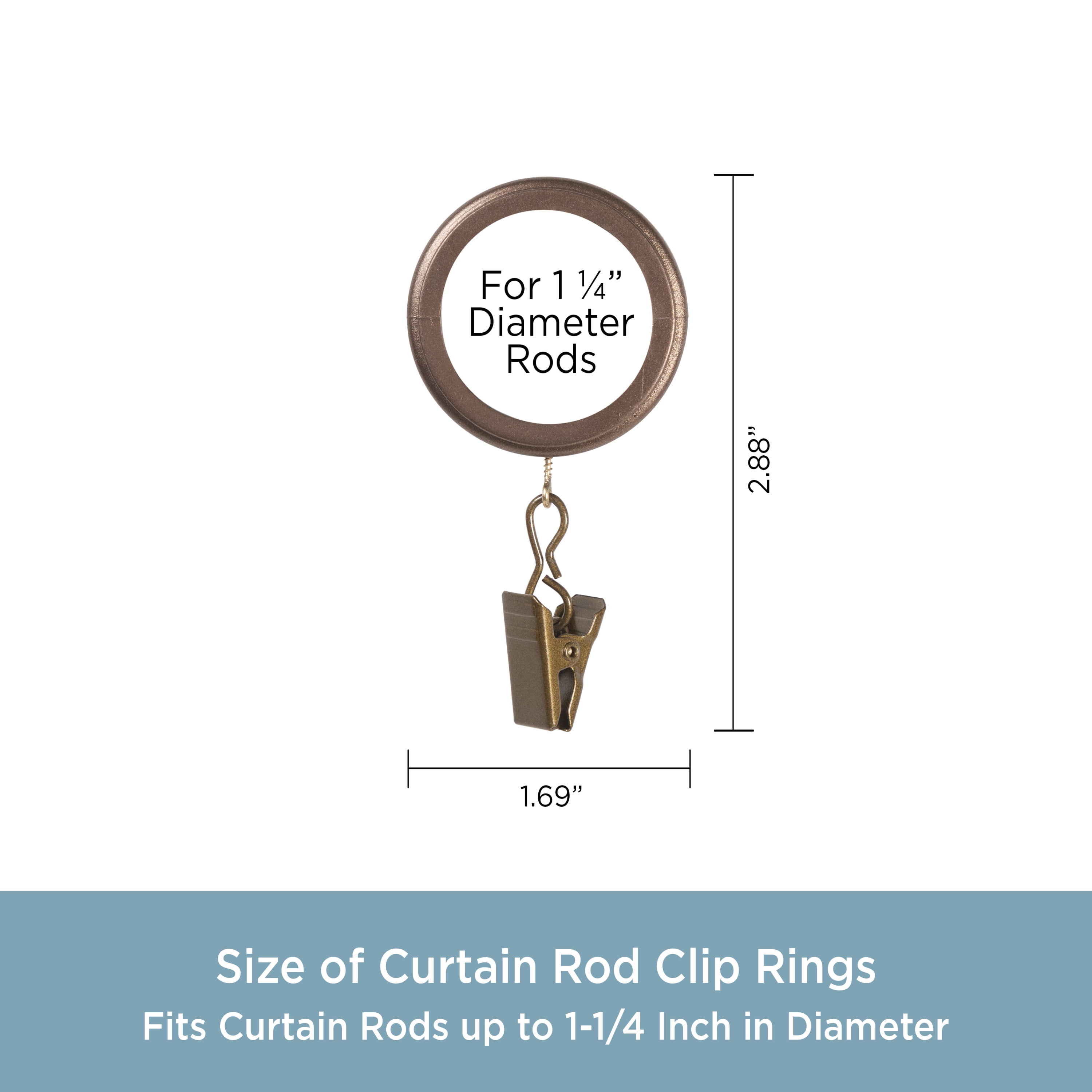 Kenney Ribbed Clip Rings for 1-1/4" Diameter Curtain Rods, Rustic Copper, 7-Pack