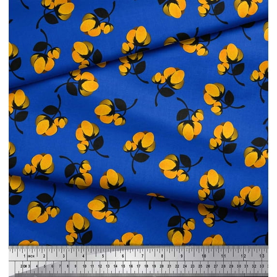 Soimoi Blue Cotton Voile Fabric Leaves & Floral Clip Art Print Fabric by the Yard 42 Inch Wide