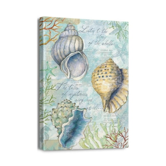 Décor Artistique de Plage Nautique 12x16 Po, Tableaux de Salle de Bain avec Coquillages et Étoiles de Mer, Toiles Bleu Océan, Parfaits pour un Décor de Chambre Tranquille.
