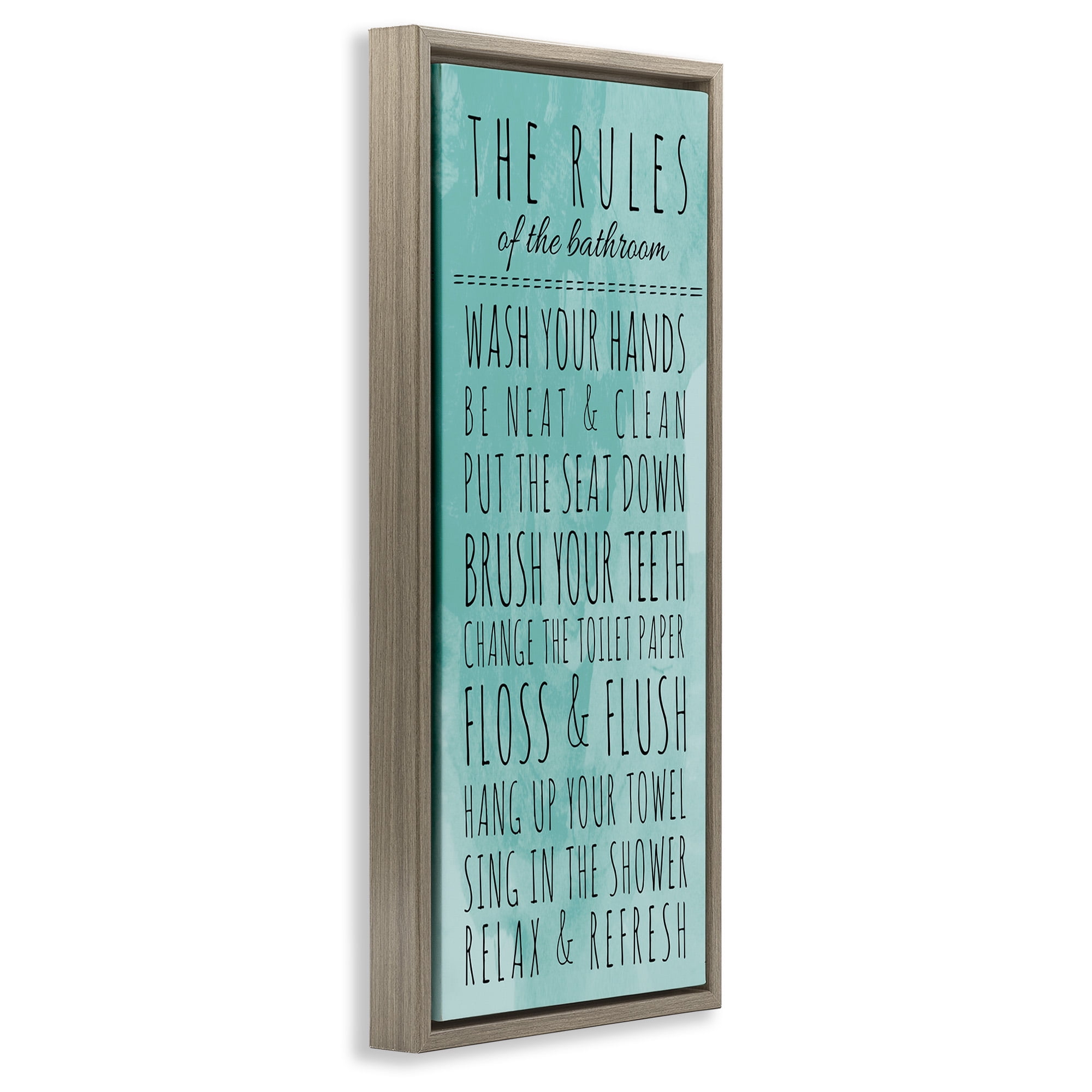 Stupell Industries Bathroom Rules on Turquoise Typography Painting Brown Floater Framed Canvas Art Print Wall Art, 15 x 31
