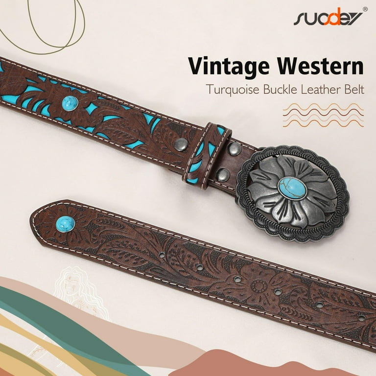 SUOSDEY Turquoise Buckle Western Leather Belt for Women Men