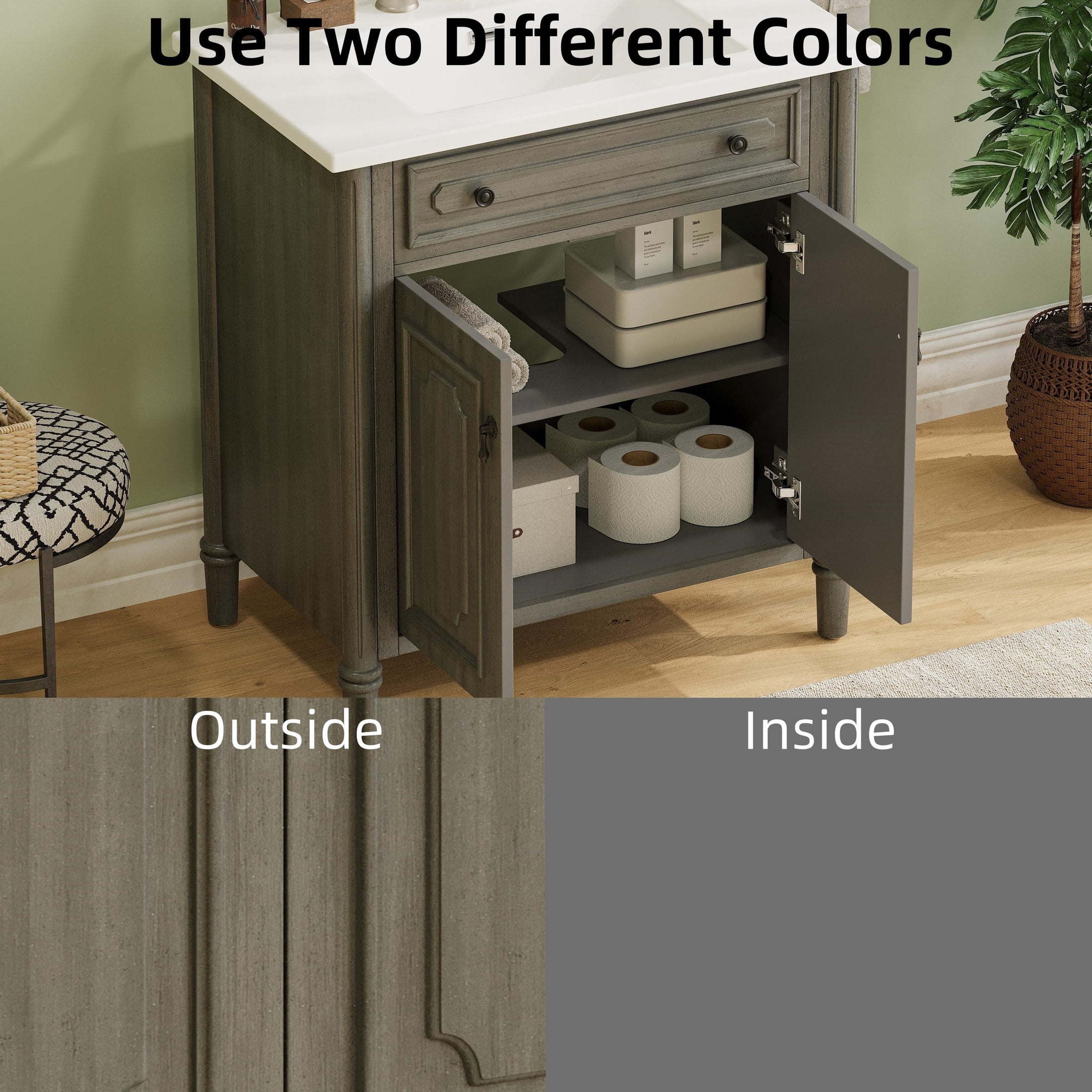 Christopher Knight Home 31" Vintage Bathroom Vanity, Curved Profile MDF Cabinet with Ceramic Sink, Gray