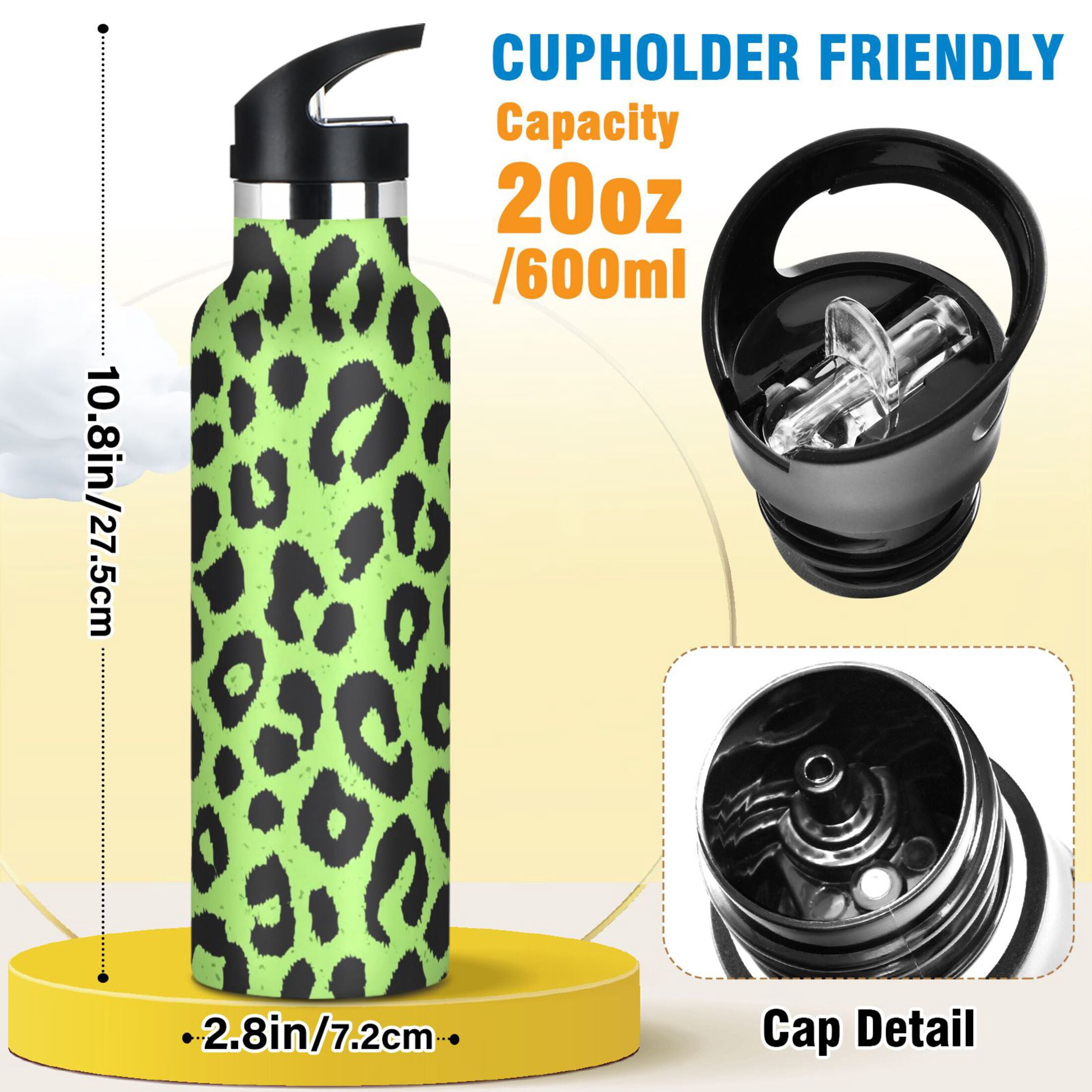 Kids Insulated Stainless Steel Sports Water Bottle 600ml Neon Green Leopard Print