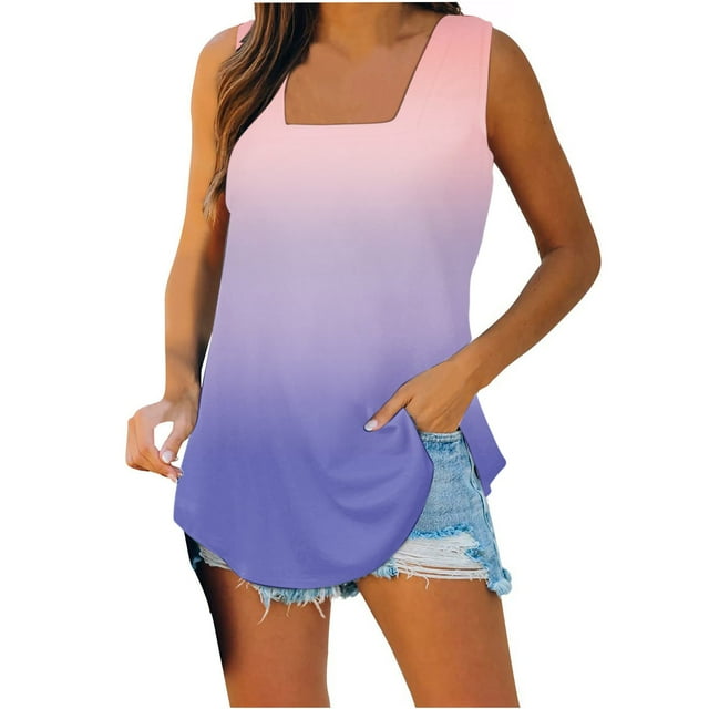 Timegard Plus Size Tank Tops for Women Square Neck Gradient Color Side Split Comfy Casual Sleeveless Top