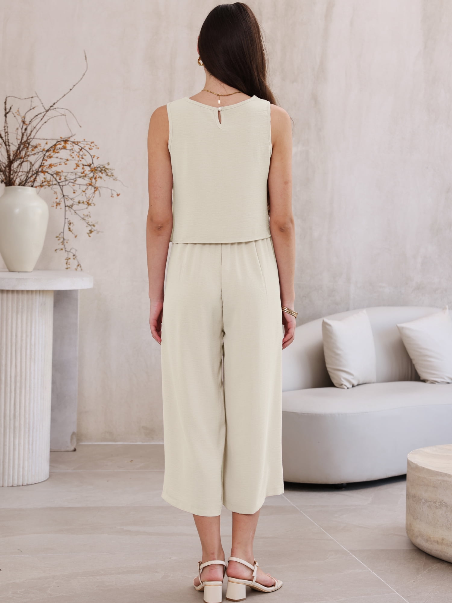 DARING DIVA Women's Suits 2 Piece Outfits Sleeveless Crop Top Wide Leg Pants L Khaki