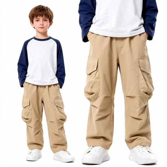 Krdevn Boys Cargo Pants Straight Leg Casual Trousers Loose Fit Long Pants for Kids and Big Boys Comfortable Outdoor Play,4-5 Years